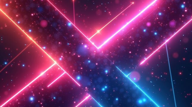 Abstract neon light streaks and glowing particles in a dark cosmic background