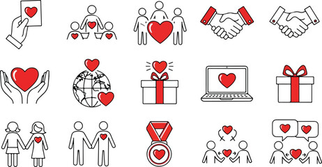 Community trust hand, social heart doodle line icon. Charity community, partnership care, people solidarity help concept icon set. Hand drawn doodle sketch style line. Vector illustration