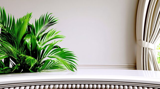A vibrant green palm plant sits on a white decorative surface, with elegant beige curtains drawn to the side revealing a glimpse of greenery outside.