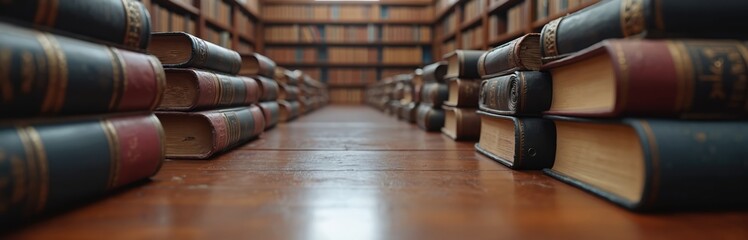Old law books stack on polished wooden table, foreground. Vintage legal texts fill many bookshelves in background. Classic library room represents history, justice, education, knowledge, study,