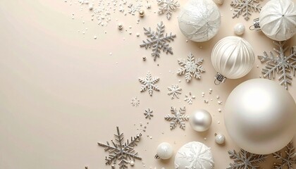white ornaments and silver snowflakes on beige background with star confetti