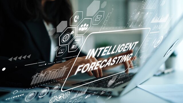 Intelligent Forecasting Concept with Businesswoman Analyzing Data on Laptop in Modern Office Environment. Asymptotic smart data analytic.