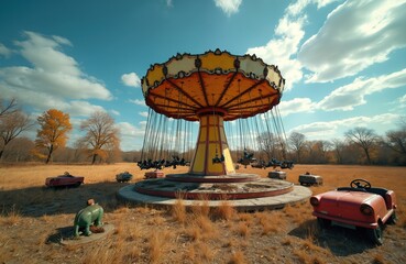 Abandoned carousel ride sits in overgrown field under sunny sky. Old amusement park attractions, empty swing chairs, weathered cars, forgotten fun. Rural decay.