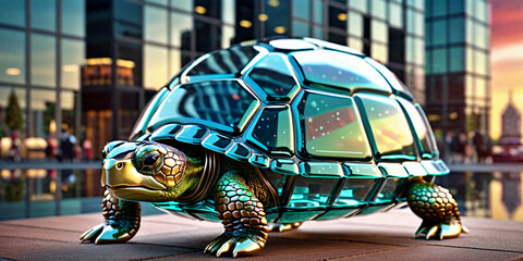 Futuristic Metallic and Glass Turtle in Urban City Landscape