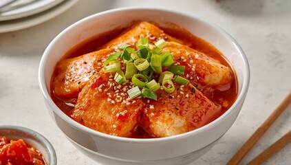 Tteokbokki, Korean rice cakes simmered in spicy gochujang sauce, chewy texture and vibrant red street food visuals
