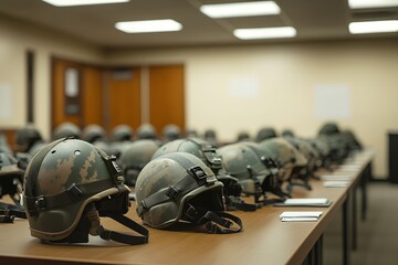 A line of military helmets neatly placed on a table in a training room, ready for use