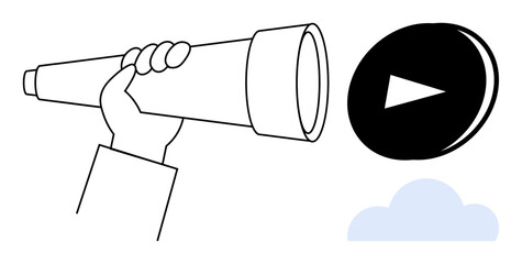Hand gripping telescope aiming toward floating play button and light blue cloud. Ideal for vision, exploration, creativity, strategy, media, innovation, focus. Simple flat metaphor