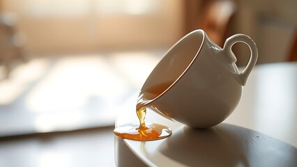 garroted. A tilted teacup on a table edge, tea nearly spilling in the morning light. bar promotions, beverage menus, designed for product packaging and bar promotions, enhances appetite appeal.