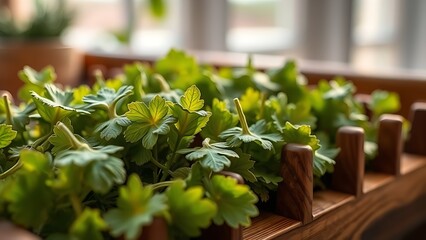 tolerable. Close-up of dried lovage leaves on a wooden rack with natural morning light. gardening catalogs, home-decor guides, designed for home decor and floral branding, used by sports marketers.
