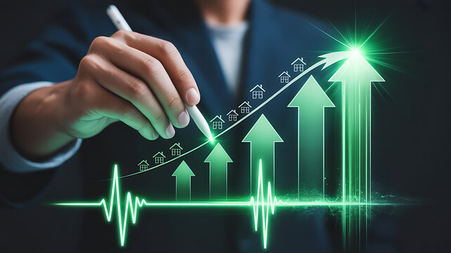 Hand drawing a rising graph with a pen, symbolizing business growth, financial success, and positive market trends in a dynamic and competitive environment