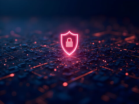 Ultra-realistic AI-powered cybersecurity visualization with glowing firewall shields, data encryption streams, and neural threat detection systems on dark digital background