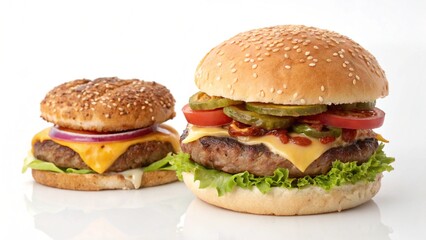 Tasty fast-food cheeseburger isolated on a plain black or white background with beef, cheese, lettuce, and tomato on a sesame bun
