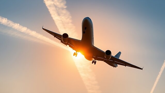 contrail. Airplane ascending into the sky at sunset with white contrails and motion blur effect. inspiring travel planning, mobility guides, designed for mobility and urban transit guides.