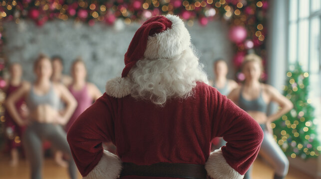Santa Claus leads a Christmas themed fitness class filled with holiday spirit. A group of women participate in exercise with festive Christmas decor and lights. Image made using Generative AI.
