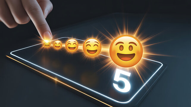 Customer experience concept user touching the digital screen with five star rating feedback icon and smiley face best excellent services rating for satisfaction - Powered by Adobe