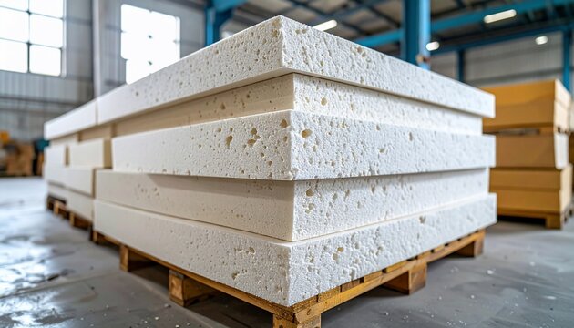 Stack of foam insulation material on pallets in a factory with industry background.