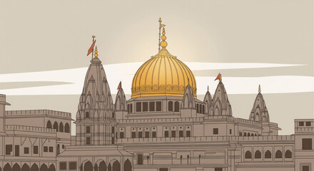 Obraz premium Illustration of a majestic Hindu temple with golden dome and flags, Indian architecture, religious structure, sacred place.