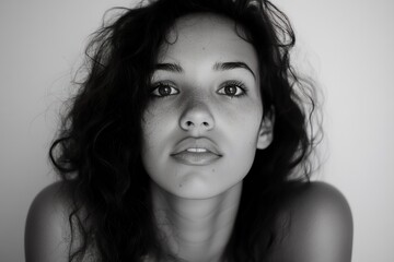 A black and white portrait of a young woman with curly hair, showcasing natural beauty and simplicity