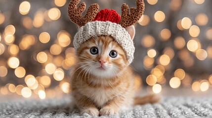 Adorable orange Christmas kitten in Santa hat and antler headband sitting on festive background with warm bokeh lights cozy winter holiday pet portrait for greeting cards and social media