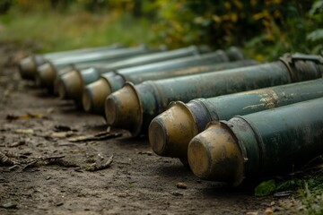 Rows of artillery shells lay on the ground, ready for use in a military setting
