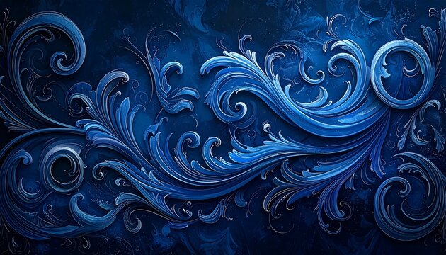 An ornate, flowing, blue design with intricate swirls and flourishes against a gradient dark blue background