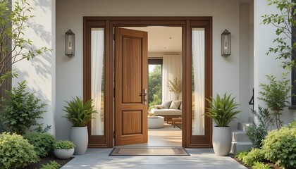 PNG conceptual doorway entrance for home with wood door ajar interior lock frame design welcome icon exterior architecture idea modern vector isolated illustration Se