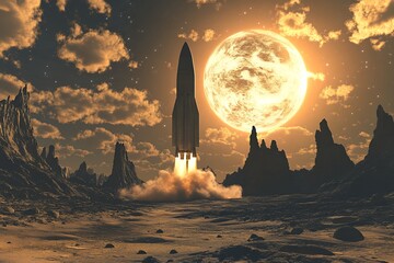 A rocket launches into the starry sky with a full moon backdrop, highlighting a dramatic space scene