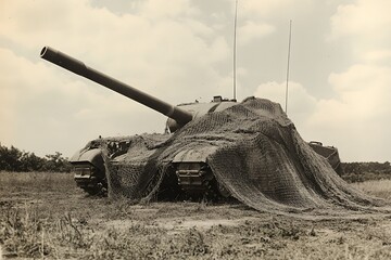 A camouflaged tank is stationed in an open field, covered with netting for concealment