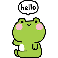 Cute cartoon frog character waving hello with pink cheeks and a speech bubble saying hello on a transparent background