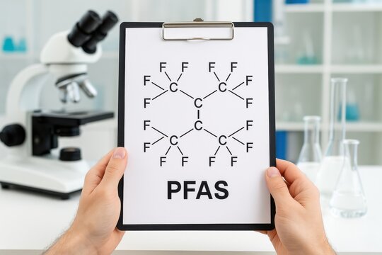 Scientist holding clipboard displaying PFAS chemical structure in a laboratory setting. Concept of environmental science, chemical analysis, and public health concerns.