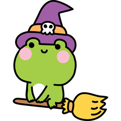 Cute Cartoon Frog Wearing A Witch Hat With A Skull Emblem Flying On A Broomstick Isolated On White Background