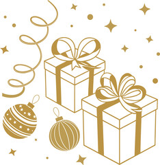 Christmas composition vector on white background with golden gift boxes, ribbons, bows, ornaments, and confetti, festive elegant holiday design.