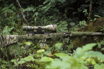 A camouflaged sniper rifle is hidden among forest foliage, emphasizing stealth and precision