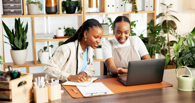 Smile, black women and florist with laptop for startup with online order, inventory and check stock. People, teamwork and reading reviews on pc, ecommerce report and information for floral delivery - Powered by Adobe