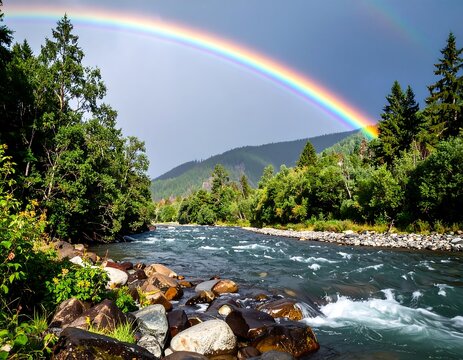 Vibrant double rainbow over a rushing river valley