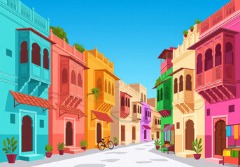 Fototapeta premium Vibrant Indian Street Scene Colorful Buildings, Balconies, Bicycle, and Blue Sky, Illustrative Architecture, Tourism and Travel in India.
