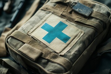 A detailed view of a military first aid kit with a blue cross symbol, showcasing its rugged design and purpose