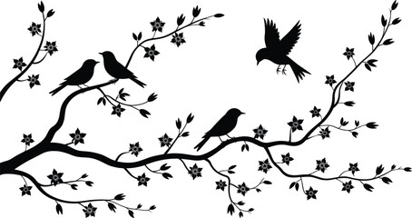 WebBeautiful black silhouette vector of birds on flowering tree branches, elegant spring nature illustration for decorative design, art, and background projects
