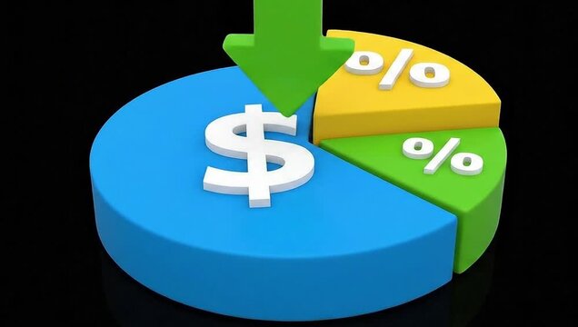 Pie chart showing percentage decrease with dollar sign and green arrow