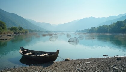 Scenic photo captures calm Korean river. Traditional fishing nets sit in turquoise water. Wooden boat rests on shore. Mountain range in background. Calm serene landscape.