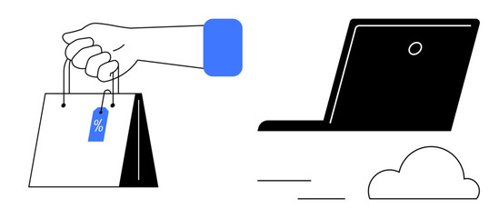 Hand holding shopping bag with discount tag and stylized laptop with cloud illustration. Ideal for online shopping, e-commerce, digital retail, customer engagement, discounts, remote business, simple