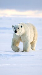 A majestic white bear strides across a snow-covered landscape