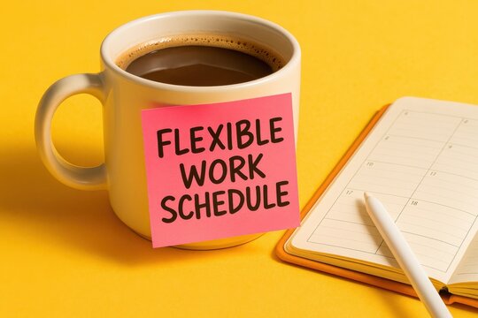 Coffee cup with a sticky note reading 'Flexible Work Schedule' beside a planner. Concept of remote work, modern workplace flexibility, and productivity management.