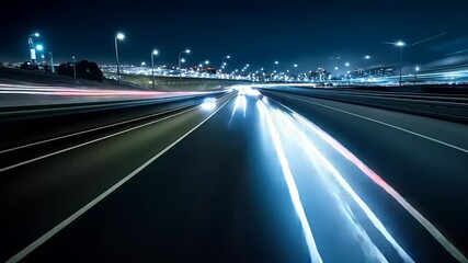 Nighttime cityscape with blurred light trails from vehicles on a highway and illuminated skyline