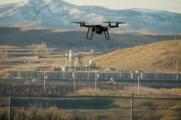 A surveillance drone hovers over an industrial area, illustrating technology's role in security and monitoring