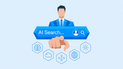 Ai search concept with a person pointing at a search bar and icons representing artificial intelligence, machine learning, and data analysis technologies