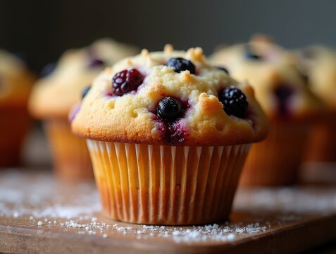 A delicious freshly baked muffin topped with blueberries and blackberries, perfect for a sweet treat. - Powered by Adobe