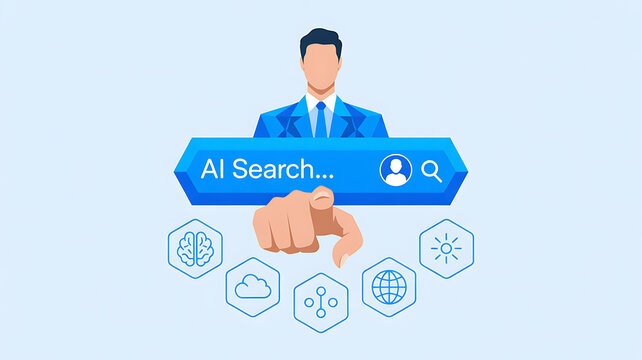 Ai search concept with a person pointing at a search bar and icons representing artificial intelligence, machine learning, and data analysis technologies