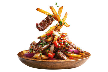 Traditional Peruvian lomo saltado with beef, red peppers, fries, and rice on wooden plate, isolated on white transparent background, South American Cuisine concept