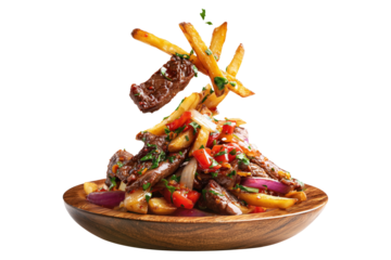 Traditional Peruvian lomo saltado with beef, red peppers, fries, and rice on wooden plate, isolated on white transparent background, South American Cuisine concept
